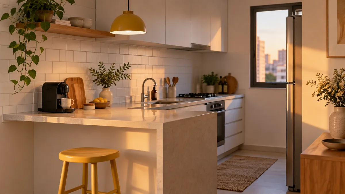 Cozinha pequena com luminária e banco amarelo manteiga como pontos de cor, bancada clara e armários brancos.