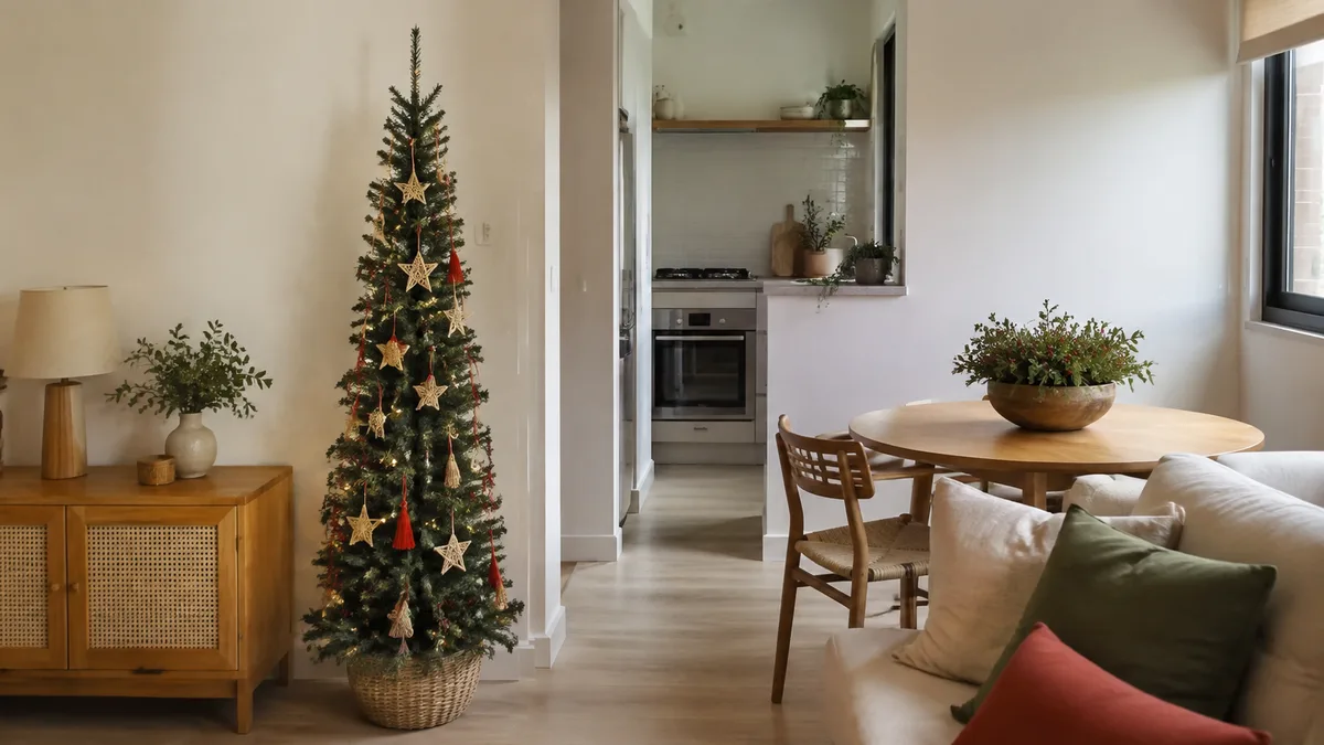 Sala pequena de apartamento com árvore de Natal estreita ao lado de aparador, sofá claro e caminho livre até a cozinha.