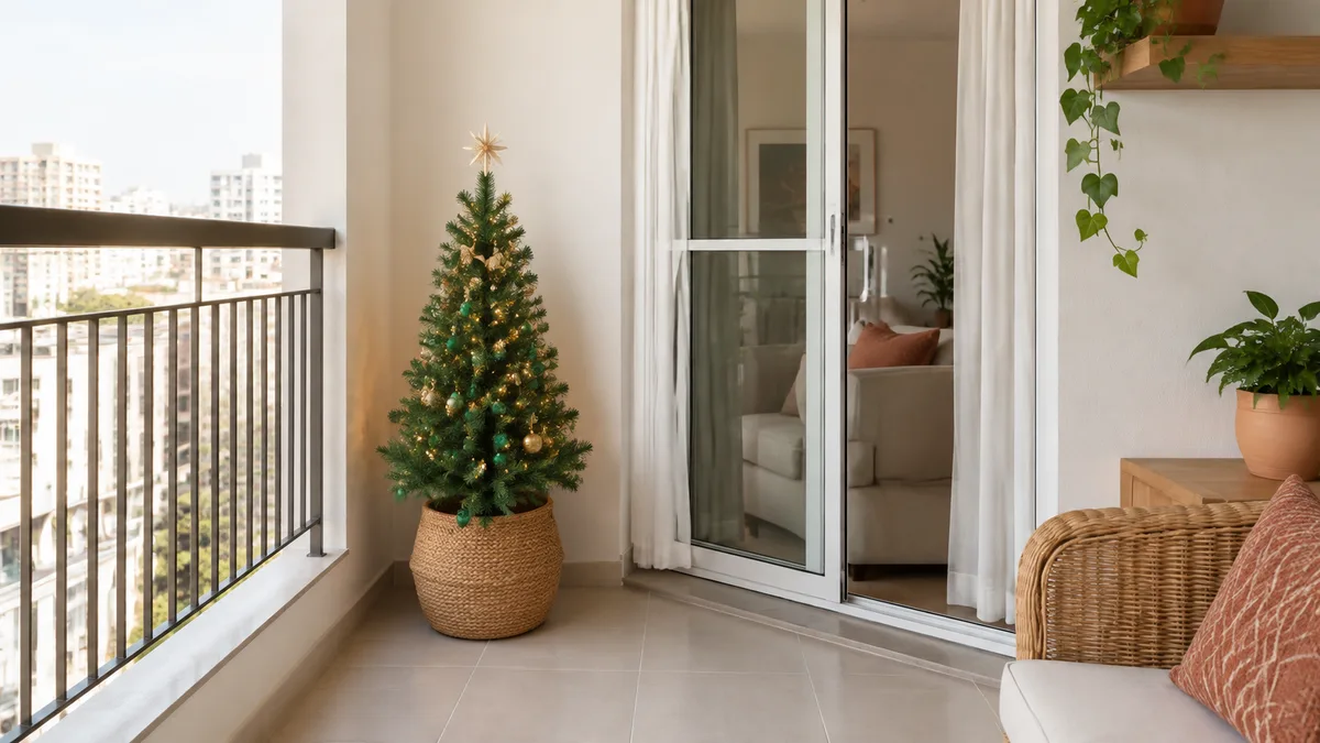 Varanda pequena de apartamento com árvore de Natal compacta em vaso, porta de vidro livre e passagem desimpedida.