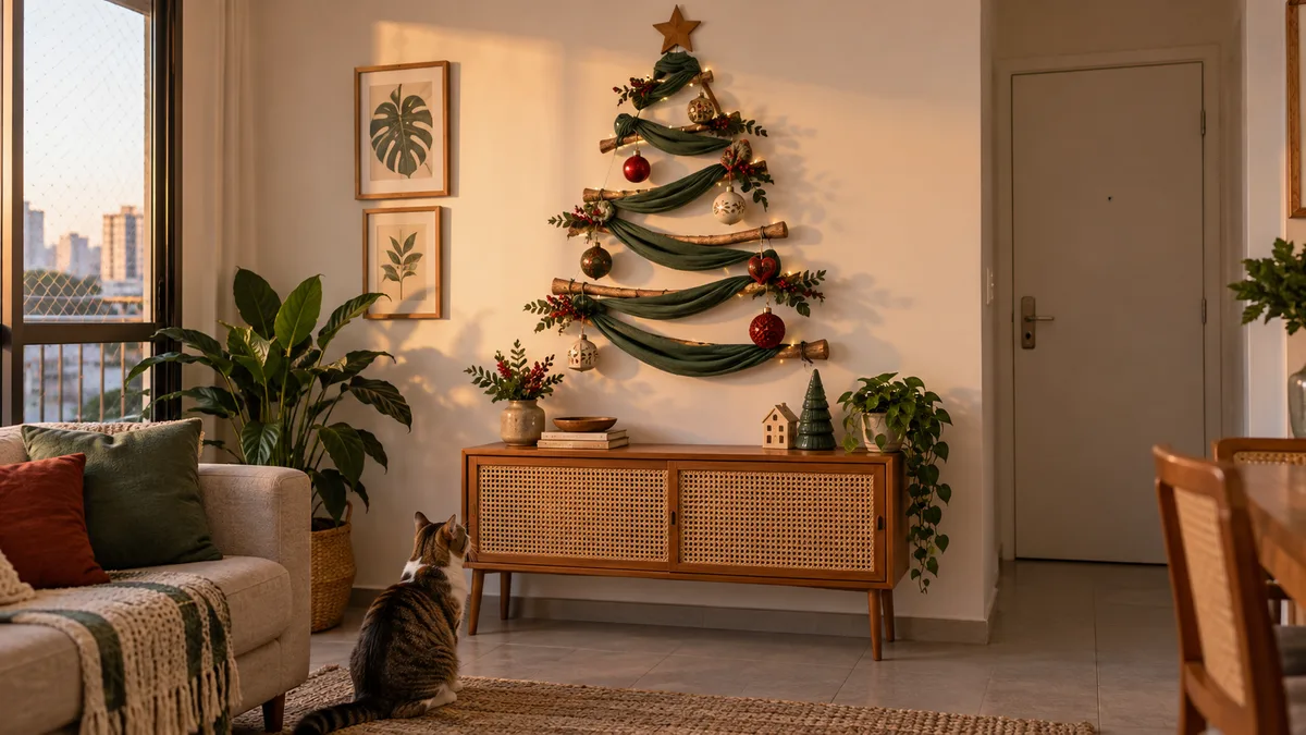 Composição vertical de Natal na parede acima de aparador, com gato sentado no tapete e piso livre.