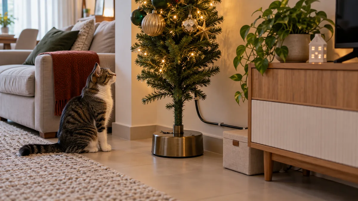Base metálica estável de árvore de Natal, enfeites acima do gato e cabo organizado atrás do móvel.