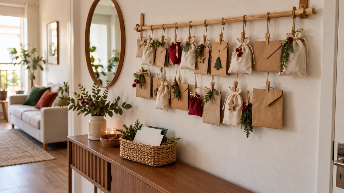 Calendário do advento com envelopes e saquinhos em suporte de madeira, cesta de cartões e aparador estreito.