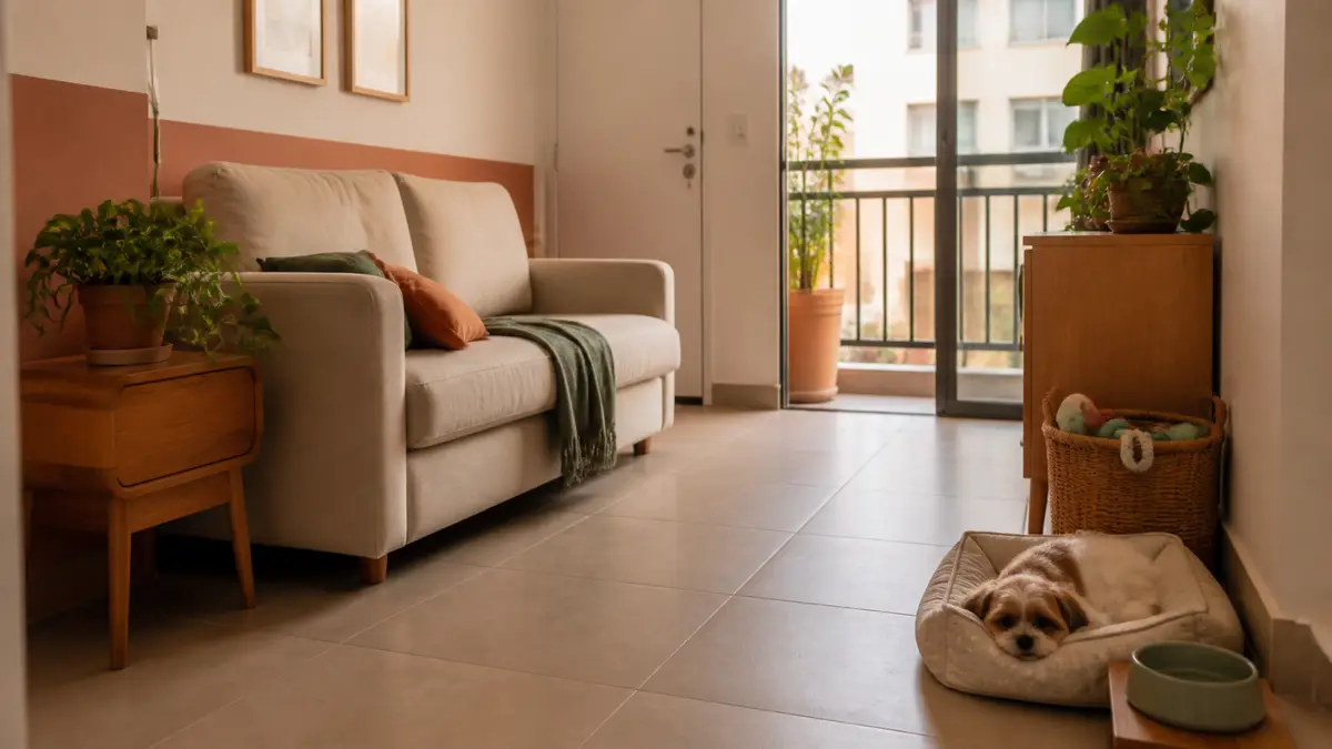 Sala pequena com caminha de cachorro em um canto lateral, cesta de brinquedos e passagem livre entre a porta e a varanda.