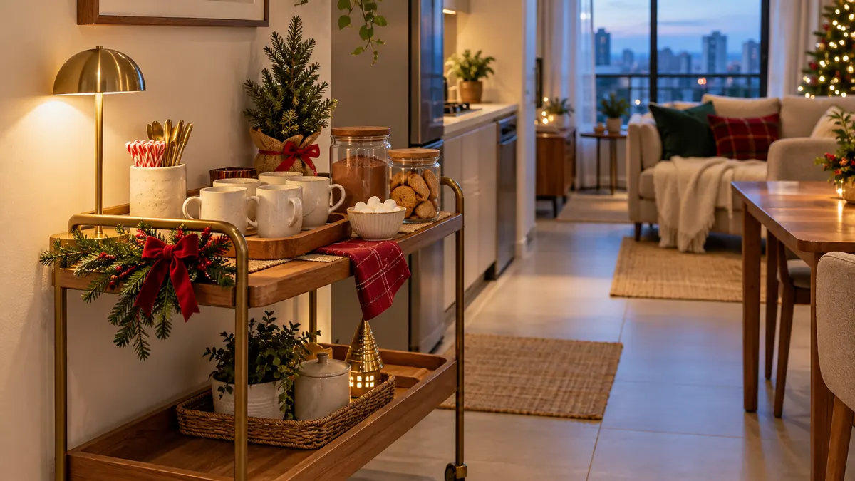 Carrinho estreito com café, chocolate quente, xícaras, biscoitos e decoração natalina em apartamento integrado com passagem livre.