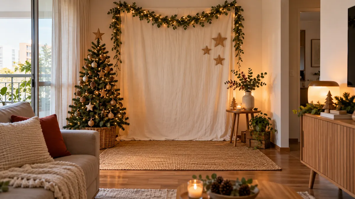 Fundo de tecido claro com folhagem, estrelas de madeira e árvore pequena em canto de sala compacta.
