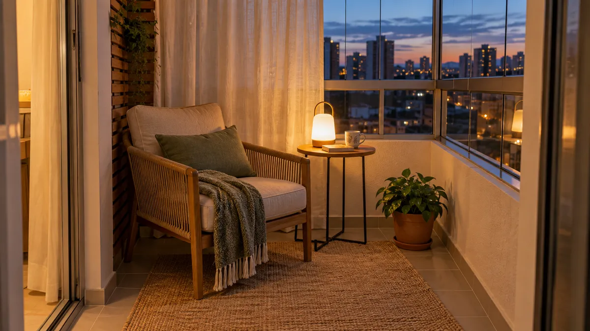 Canto de leitura noturno em varanda fechada com cortina leve, luminária recarregável, poltrona e piso livre.