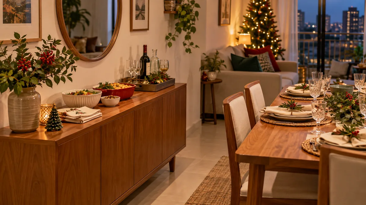 Aparador de madeira em sala integrada com travessas, bebidas, guardanapos e decoração natalina discreta.