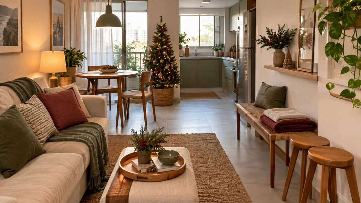 Sala pequena com mesa redonda, árvore de Natal e bancos leves encostados na parede para receber visitas.