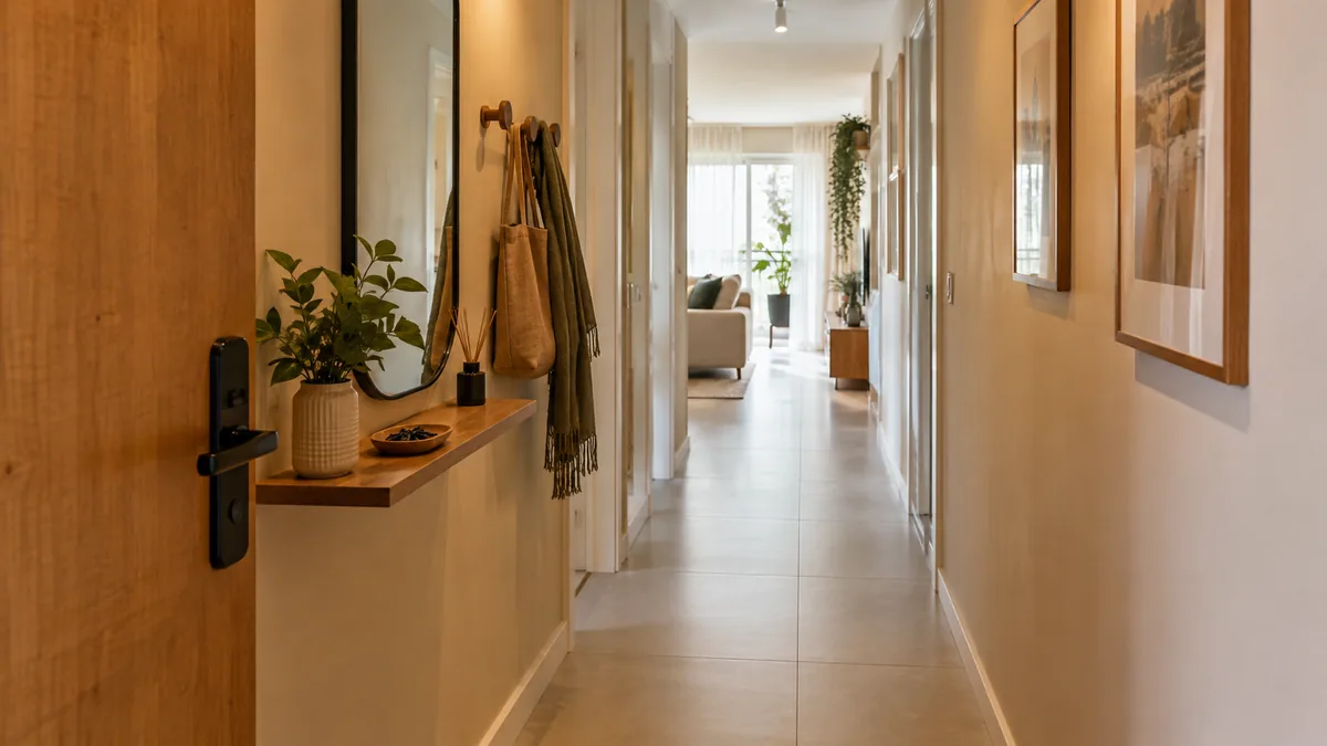 Entrada estreita de apartamento com prateleira suspensa, ganchos, espelho e caminho livre até a sala.