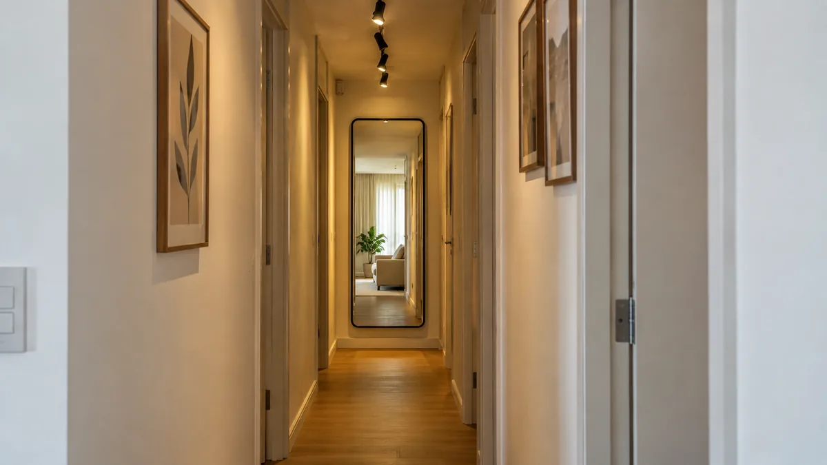 Corredor de apartamento com espelho vertical no fundo, iluminação quente no teto e portas livres dos dois lados.
