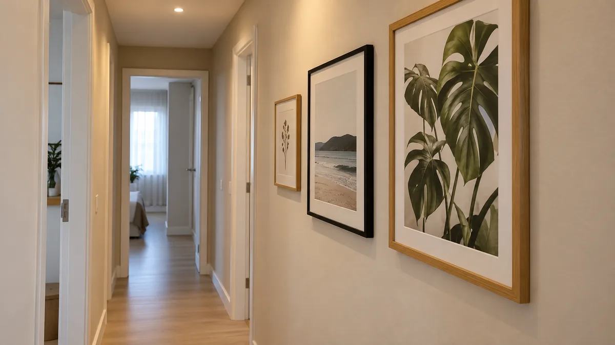 Parede de corredor estreito com três quadros de molduras leves e piso completamente livre.