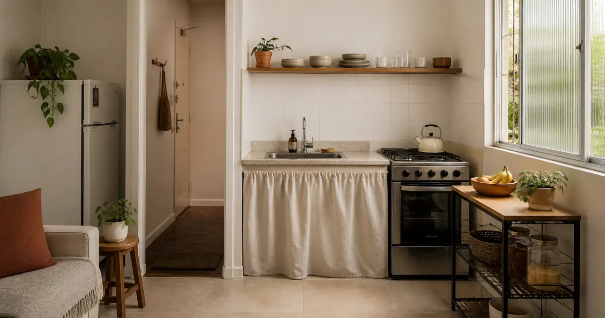 Sem armário, a cozinha ainda pode ter bancada livre