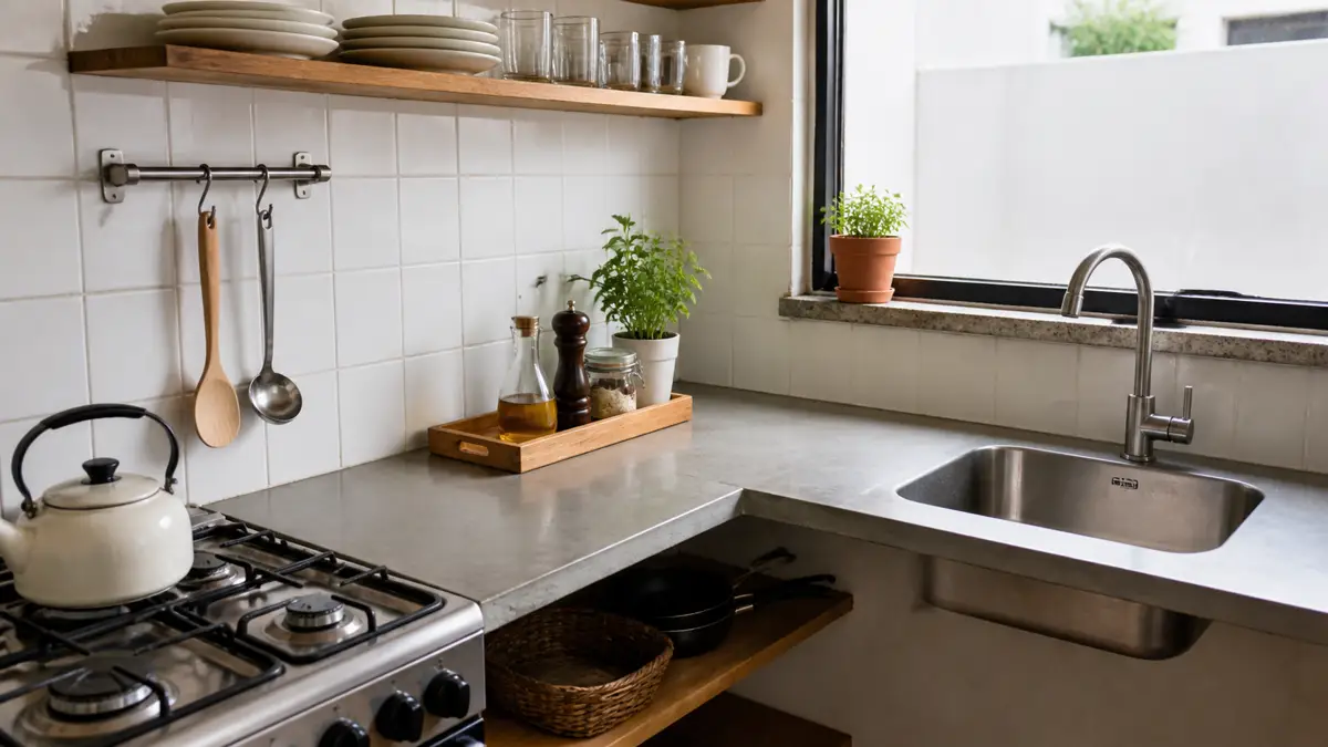 Prateleira aberta com pratos, copos e utensílios poucos acima de uma bancada livre em cozinha compacta.
