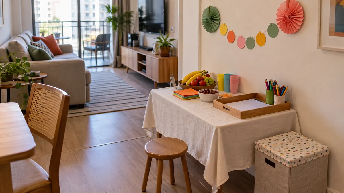 Mesa compacta em sala de apartamento com frutas, copos reutilizáveis e bandeja de atividades infantis.