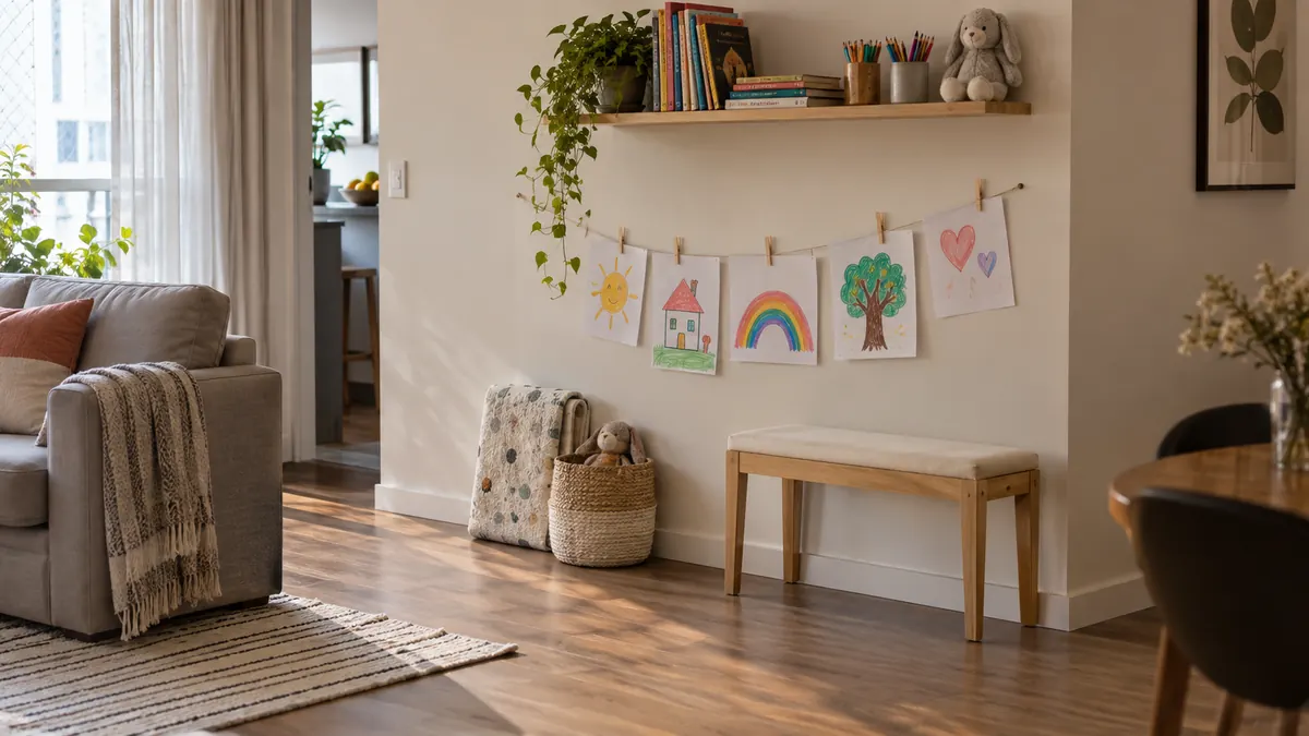 Parede de sala compacta com desenhos infantis em varal baixo, livros e cesto de brinquedos.