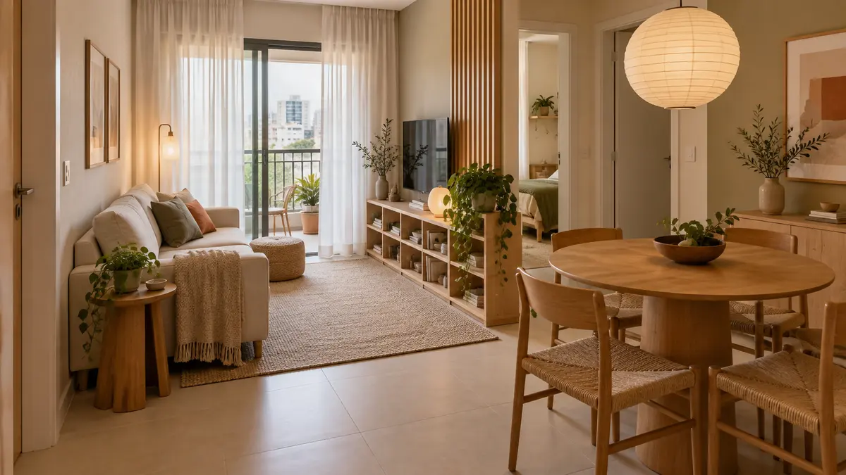 Sala e jantar integradas em apartamento pequeno Japandi, com estante baixa separando os usos sem bloquear a luz nem a passagem.