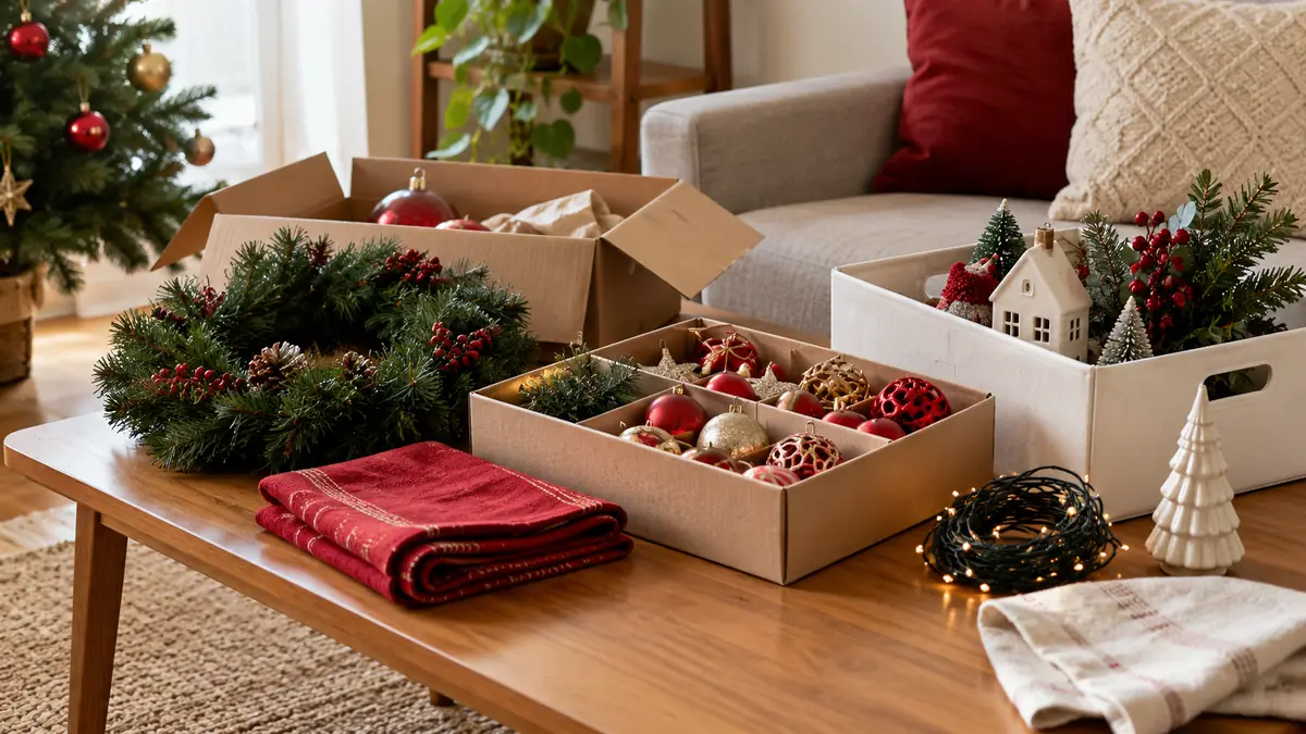 Enfeites de Natal separados em caixas sobre uma mesa de madeira durante a desmontagem da decoração de um apartamento pequeno.