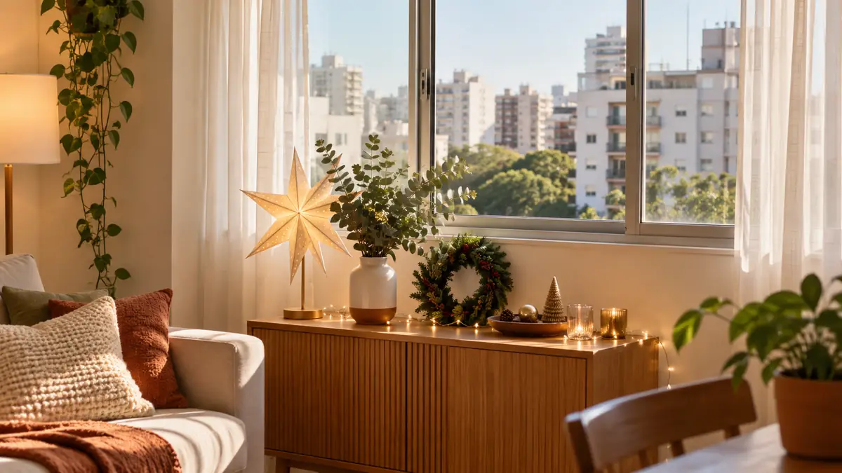 Janela de apartamento pequeno com estrela de papel, ramo e luz natalina apoiados sobre um móvel sem bloquear a claridade.