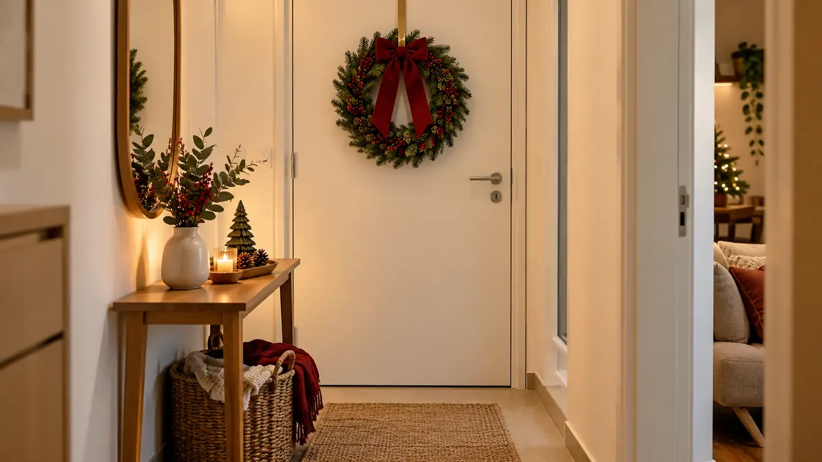 Hall de apartamento com porta clara decorada para o Natal, aparador estreito e caminho de circulação livre.