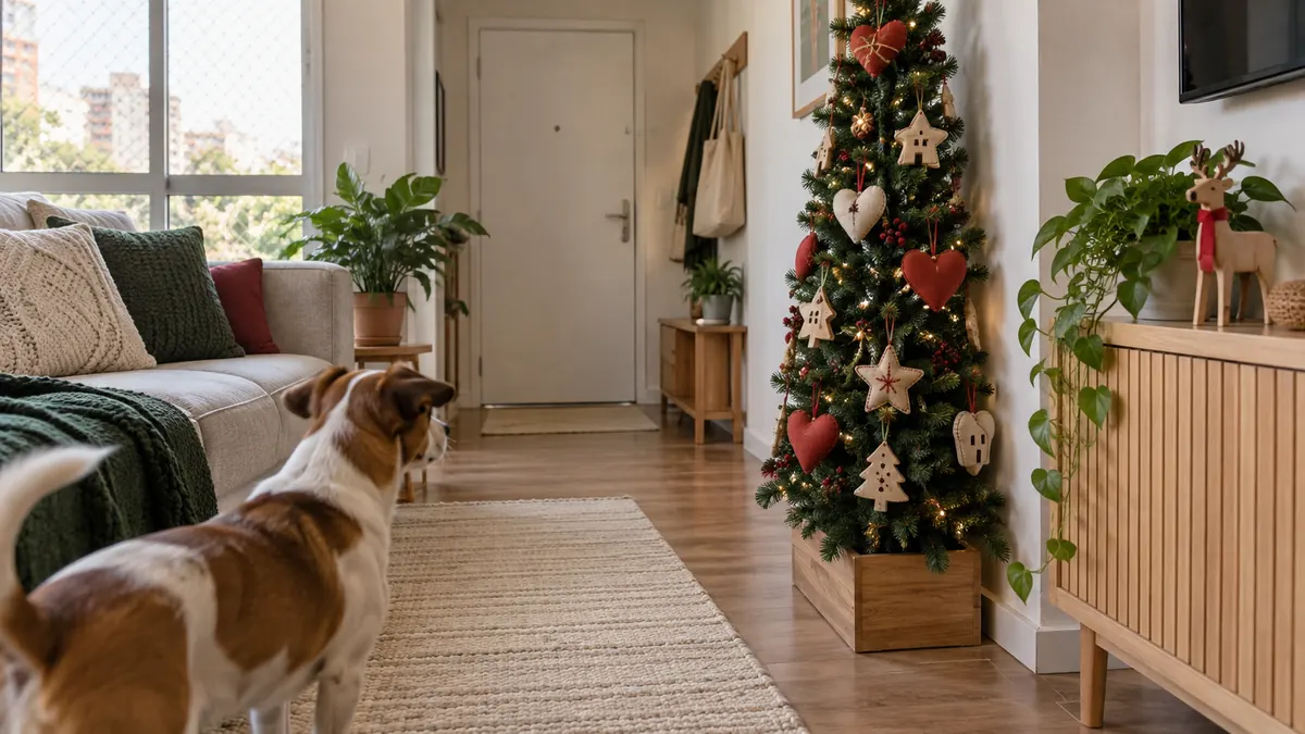 Árvore de Natal estreita com base firme, cachorro observando e passagem livre em sala pequena.