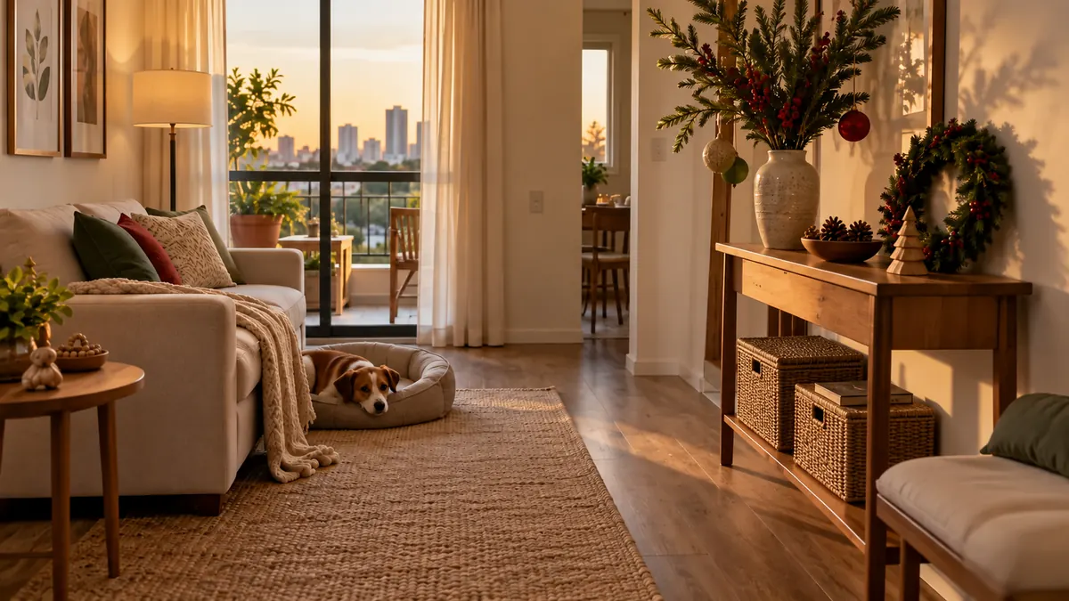 Sala pequena com composição de Natal em uma lateral, fios fora do piso e cachorro descansando em sua caminha.