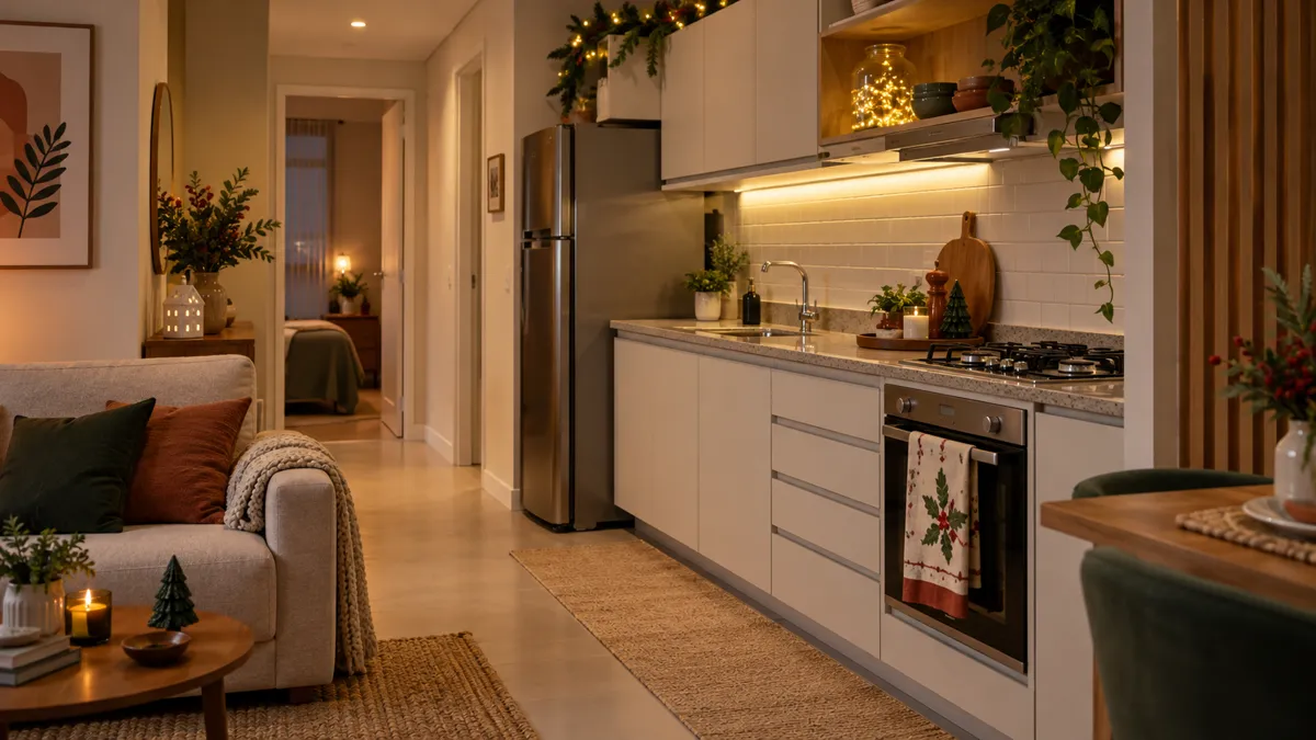 Cozinha integrada pequena decorada para o Natal com luzes quentes, bancada livre e passagem aberta até a sala.