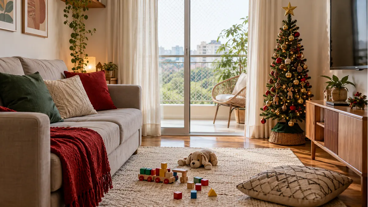 Árvore de Natal estreita e estável em uma lateral de sala compacta, com tapete livre para brincar.
