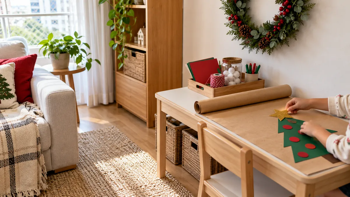 Mesa infantil compacta com atividade natalina organizada em bandeja, sala brasileira e passagem livre.