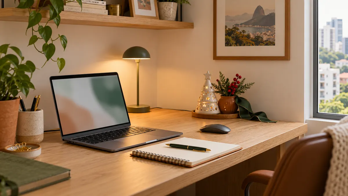 Mesa de trabalho pequena com computador portátil, caderno e decoração de Natal concentrada na lateral, sem bloquear a escrita.