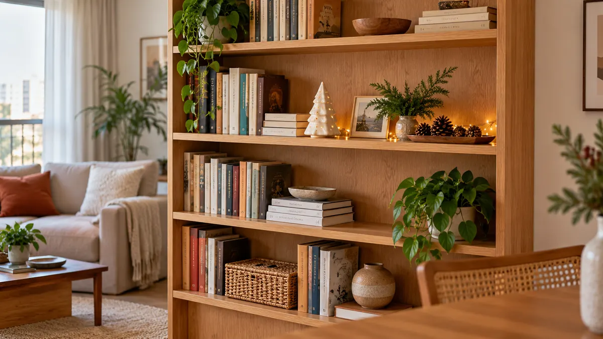 Detalhe de estante com livros acessíveis, árvore de cerâmica, folhagem e bandeja natalina discreta.