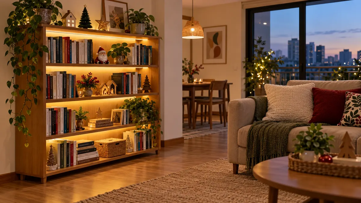 Estante de livros iluminada por luz quente discreta no Natal, com passagem livre diante do móvel.