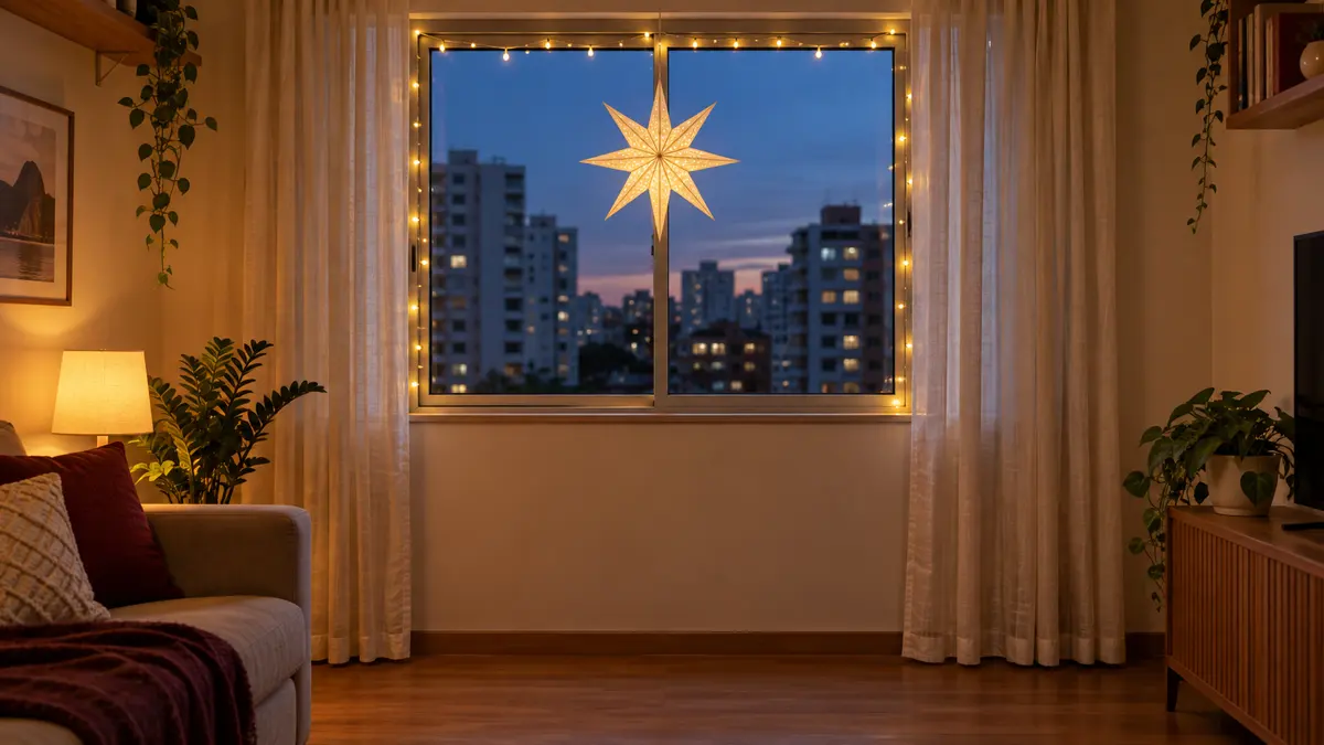 Janela de apartamento ao anoitecer com estrela central e luzes contornando a moldura, sem fios atravessados no piso.