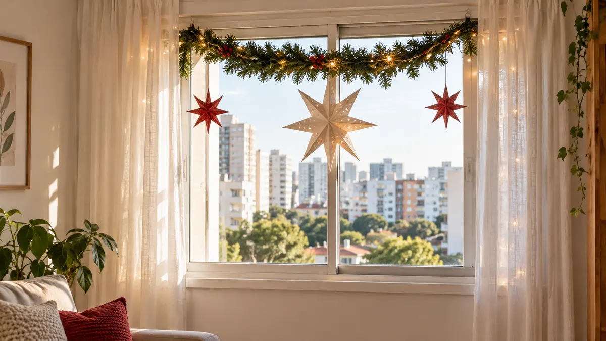 Janela de apartamento com guirlanda fina, estrelas leves e cortina translúcida, mantendo o peitoril livre.