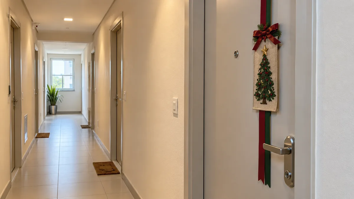 Corredor estreito de apartamento com enfeite plano de Natal na porta e caminho central completamente livre.