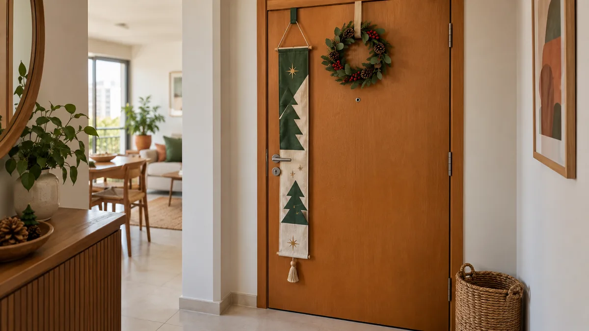 Porta de madeira com faixa vertical de Natal, guirlanda leve e cesto fora do giro da folha em apartamento.
