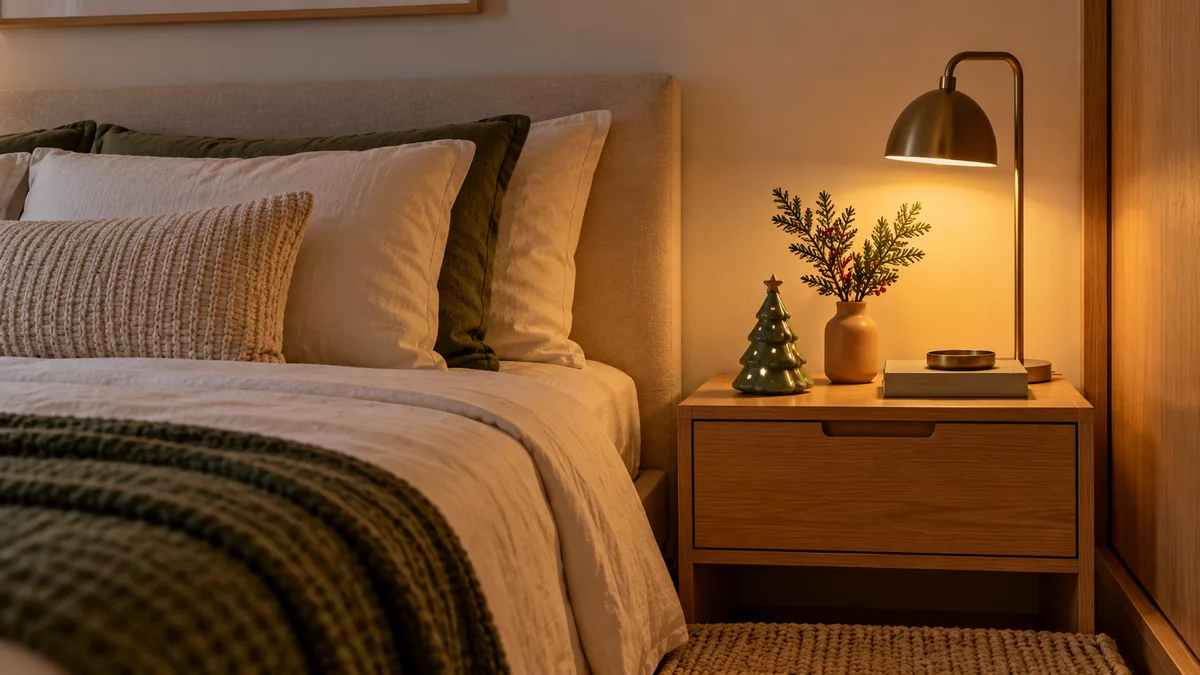 Cama de quarto pequeno com manta verde, almofadas neutras e decoração de Natal concentrada no criado-mudo.