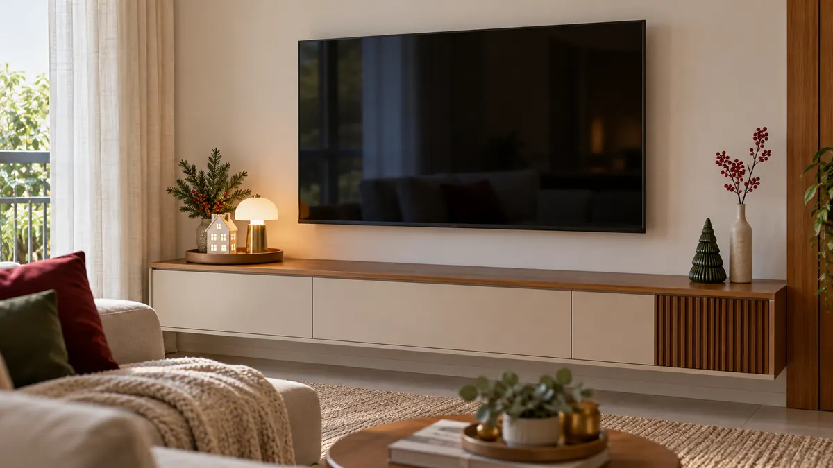 Sala compacta vista do sofá com rack natalino, televisão livre e passagem aberta até a cozinha.