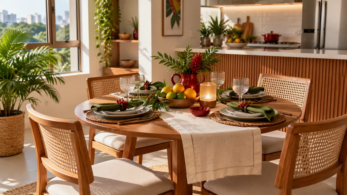 Mesa redonda pequena em apartamento integrado com centro baixo, frutas cítricas, folhagens e toalha de algodão para o Natal.