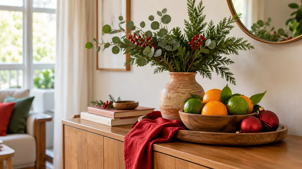 Aparador de madeira em sala pequena com tigela de frutas cítricas, vaso com galhos verdes e tecido vermelho leve.