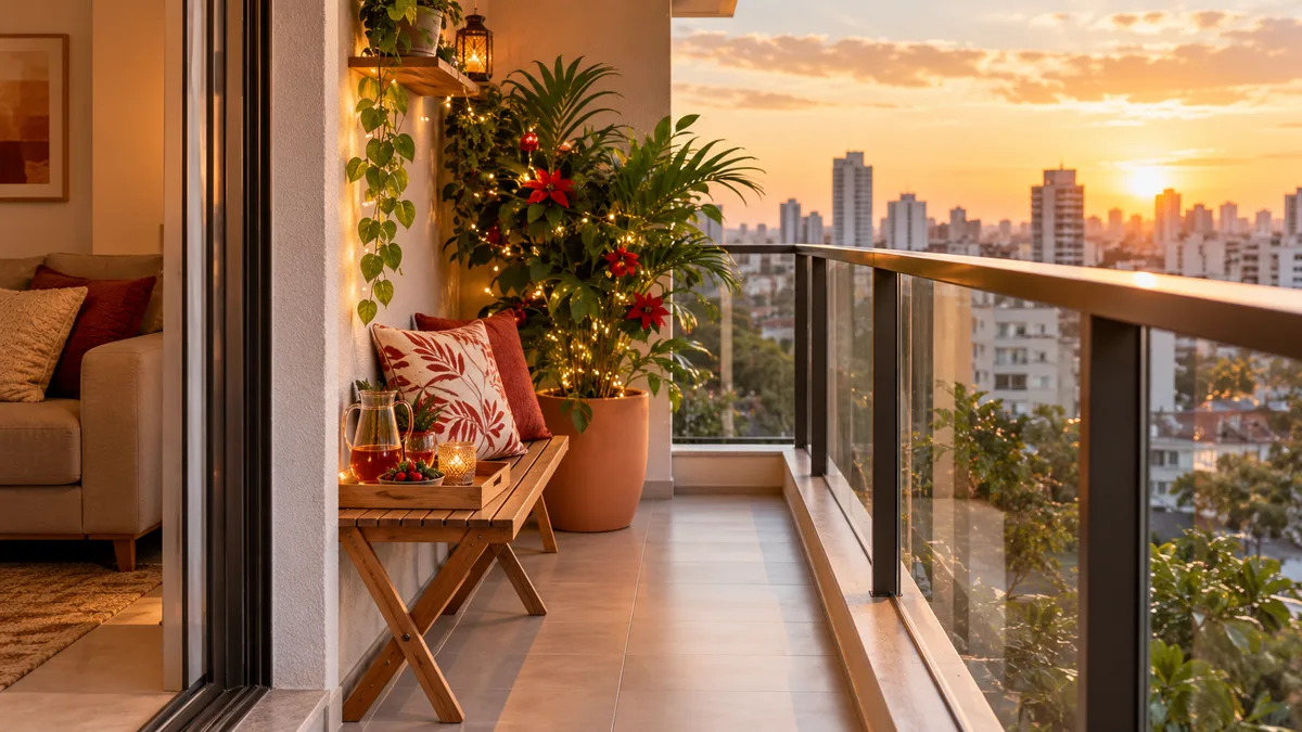 Varanda estreita de apartamento com vaso de folhagem, banco dobrável e luzes discretas para um Natal de verão.