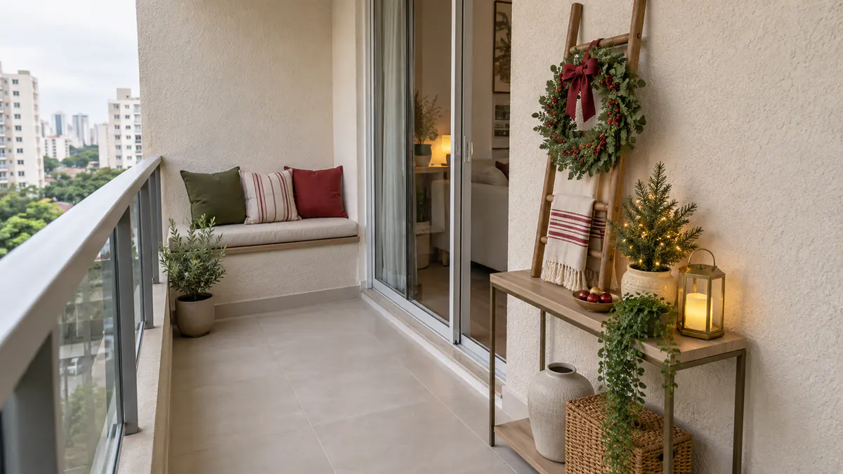 Varanda pequena com escada de madeira apoiada, guirlanda, banco estreito e decoração de Natal removível junto à parede.