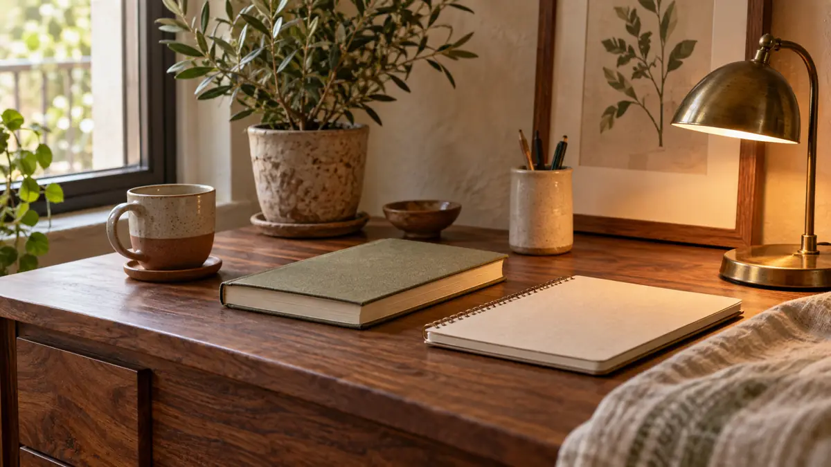 Mesa de madeira com livro fechado sem texto legível, caderno em branco, xícara de cerâmica, planta e luminária acesa em um canto poetcore.