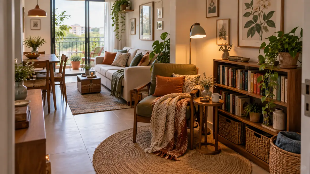 Sala e canto de leitura integrados em apartamento pequeno, com estante de livros, poltrona, luminária de piso, plantas e caminho livre até a varanda.