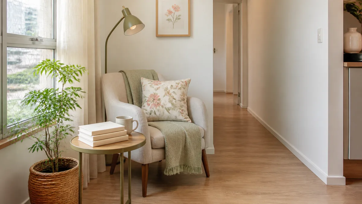 Canto de leitura em apartamento pequeno com poltrona clara, luminária de piso, planta e almofada floral.