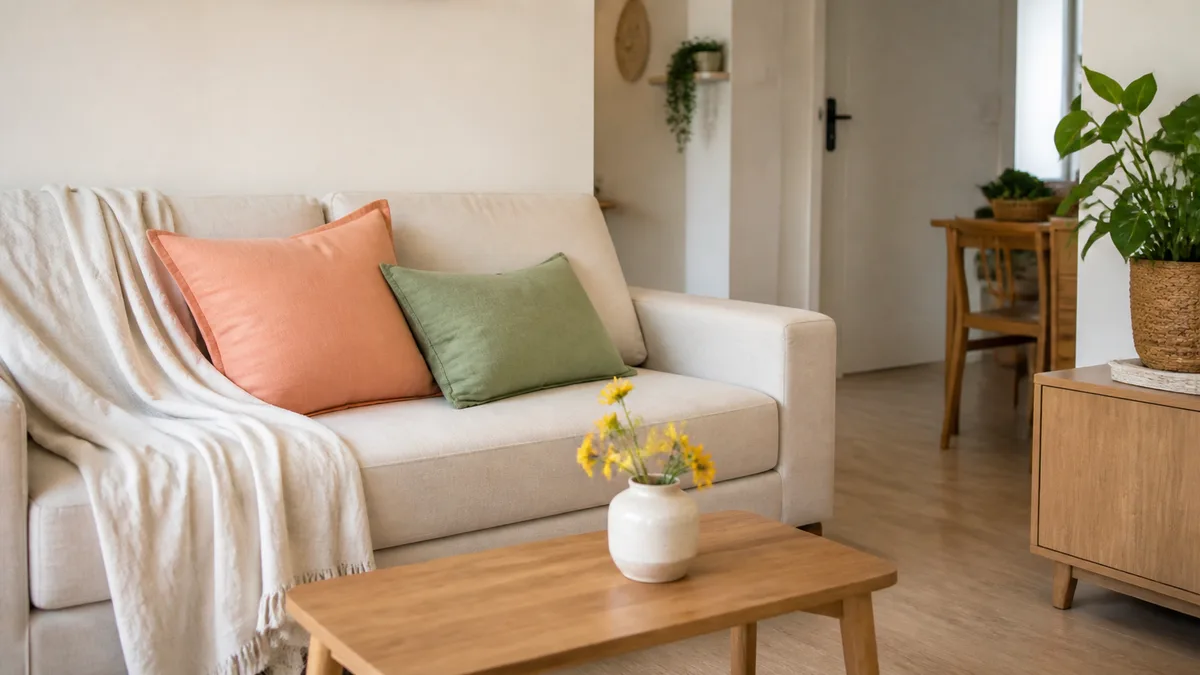 Sofá claro em sala compacta com manta de linho, almofadas coral e verde, mesa de madeira e flores.