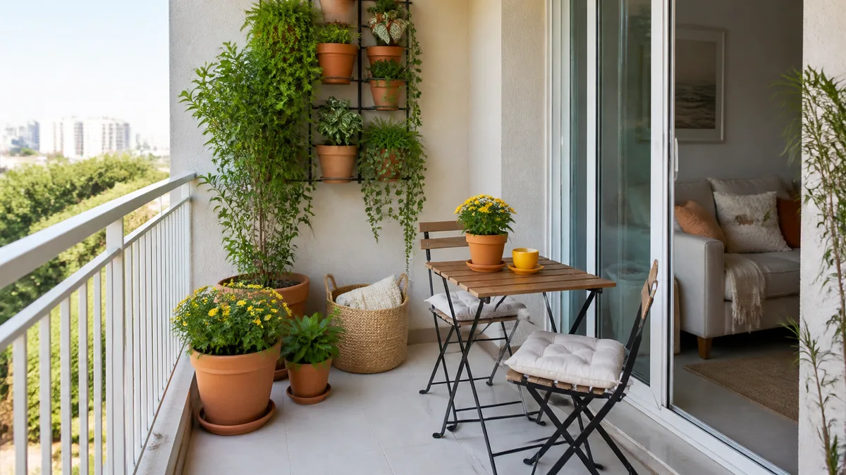 Varanda pequena de apartamento com mesa dobrável, duas cadeiras, vasos de plantas e passagem livre para a sala.