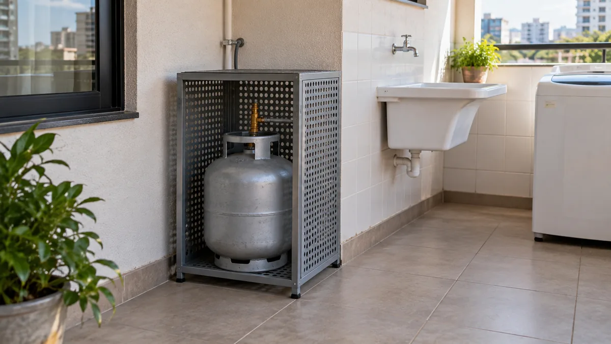Abrigo externo perfurado com botijão na vertical, piso seco e acesso livre para manutenção.