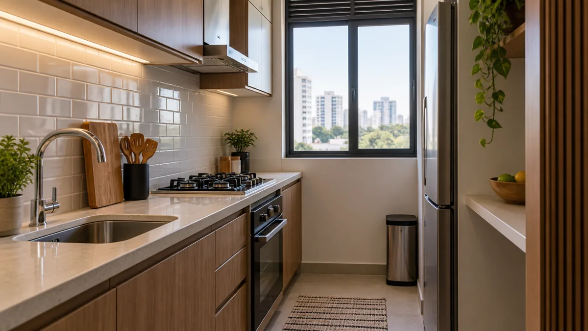 Cozinha pequena com gás canalizado, cooktop, bancada clara e armários sem botijão aparente.