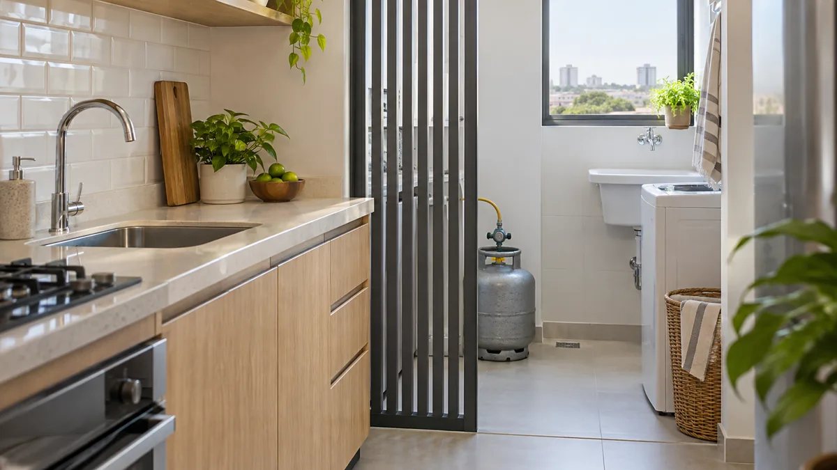 Painel metálico vazado separando cozinha compacta da lavanderia, com botijão acessível ao fundo.
