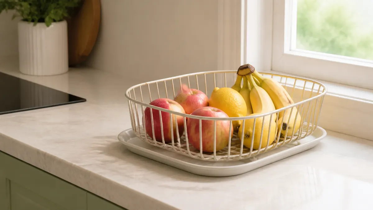 Fruteira aberta sobre bandeja lavável em bancada iluminada, com frutas acessíveis e espaço livre ao redor.